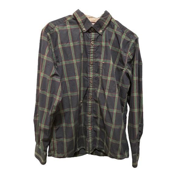 Tommy Hilfiger Vintage Men's Plaid Dress Shirt - Navy and Green Size Medium - Picture 1 of 4